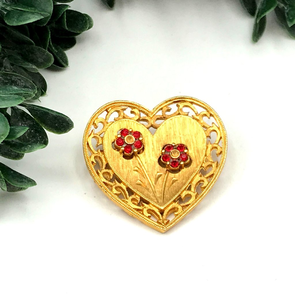 Vintage Gold-Tone J.J. Heart Brooch With Red Flower Accents & Filigree Design